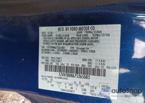 2007 Ford Mustang V6 Deluxe/V6 Premium из США, поврежденный, VIN 1ZVHT80N675265083